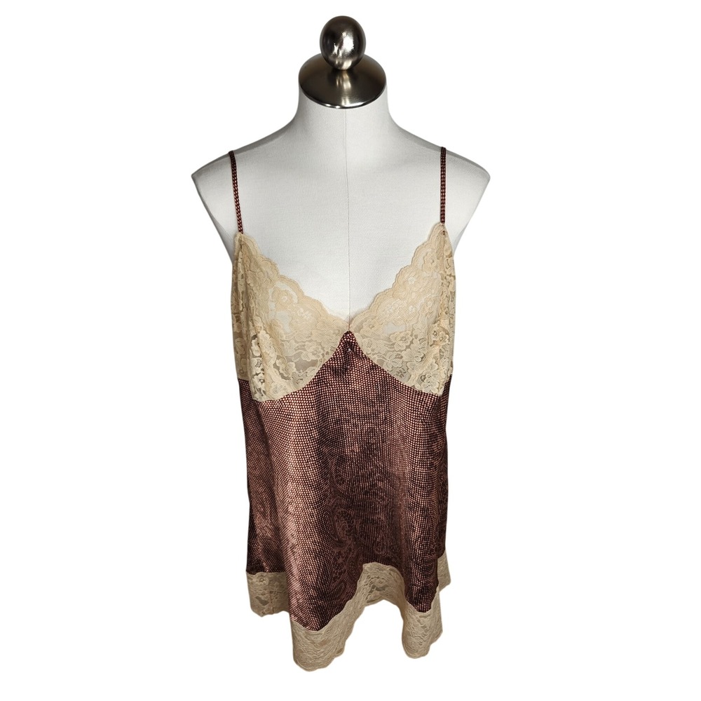 Cacique Camisole Chemise Lingerie Sleepwear Size 14/16 Brown Print Lace Trim
